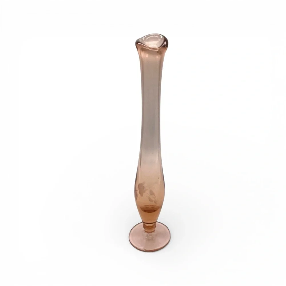 Pink Depression Glass Bud Vase Etched Floral Stretched Pedestal Art Vtg 9.5